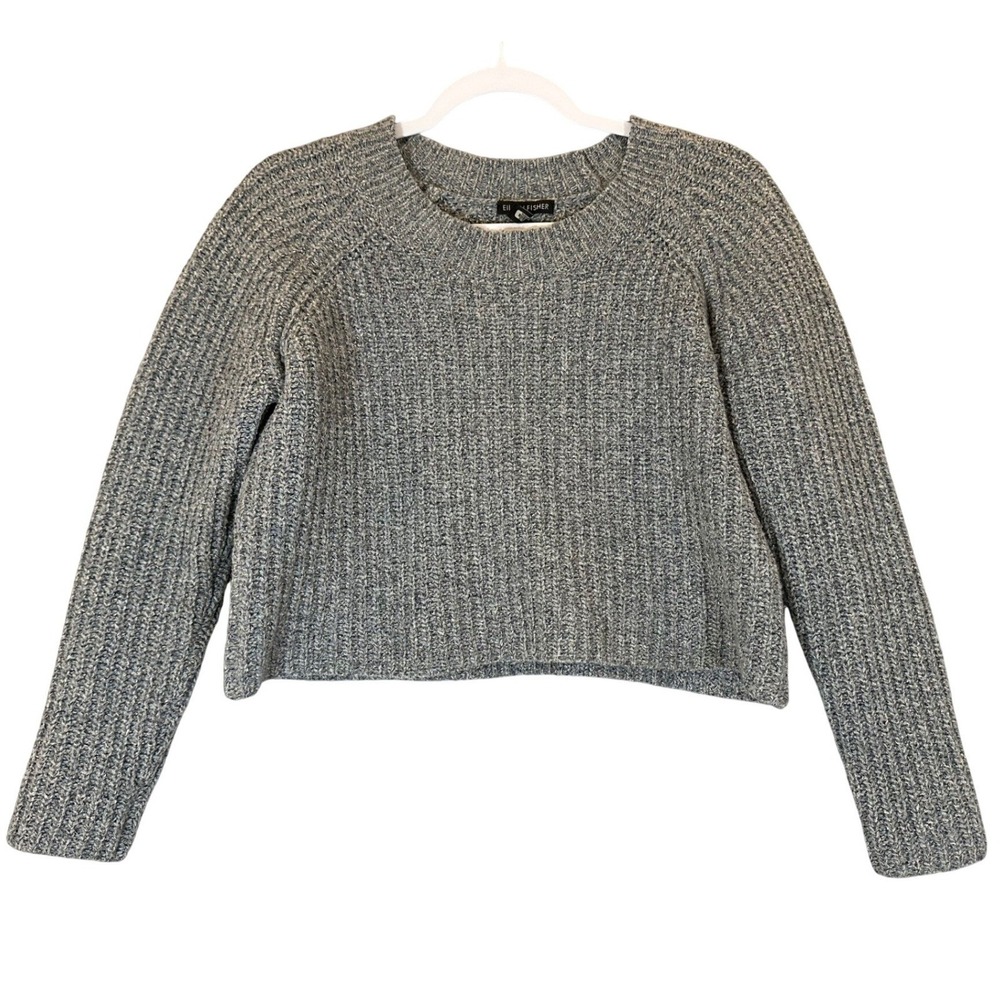 Eileen‎ Fisher Chunky Knit Cropped Sweater Sz S Blue Gray Wool Recycled Cotton